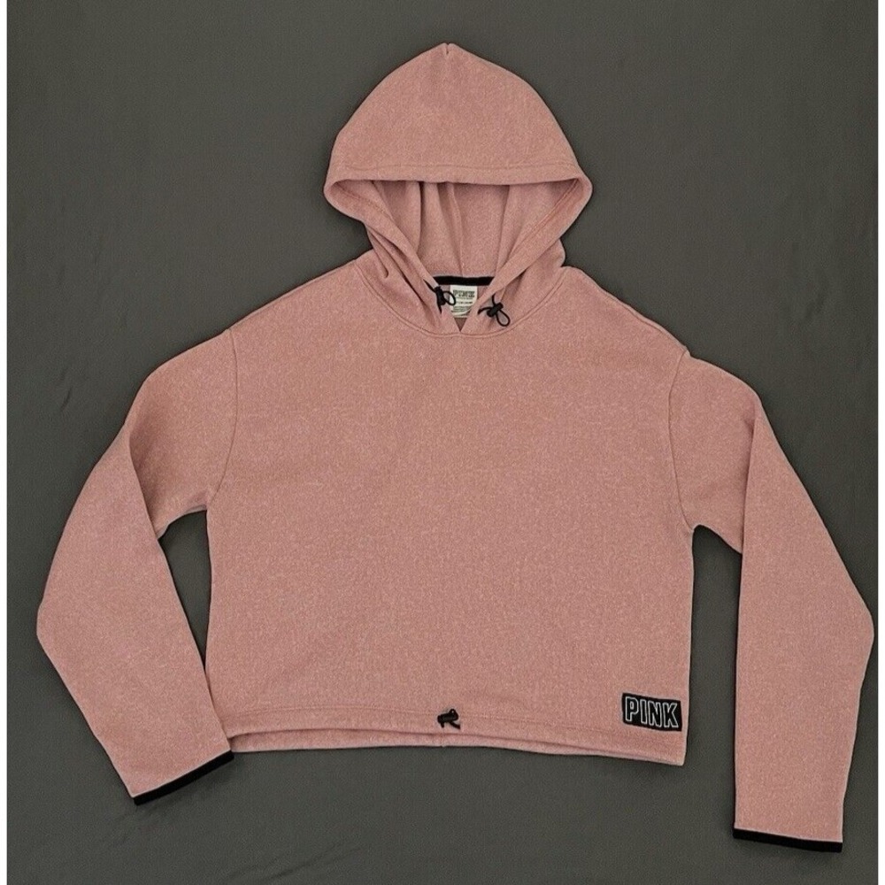 PINK Victoria's Secret Womens Sweatshirt Small Pink Cropped Hoodie Logo Pullover - Picture 2 of 8